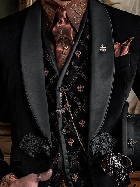 Waistcoat in black cotton with bronze embroidery