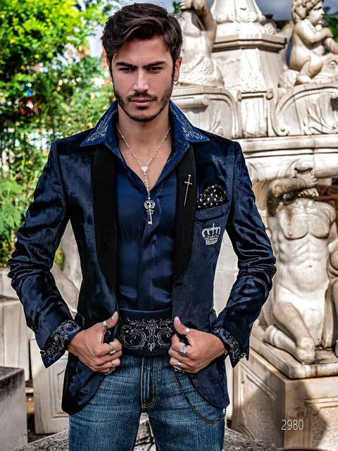 Men's tuxedo in blue velvet with pinstripe effect and silver crown embroidery