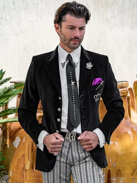 Men's elegant suit in black velvet with crown embroidery and distinctive trousers