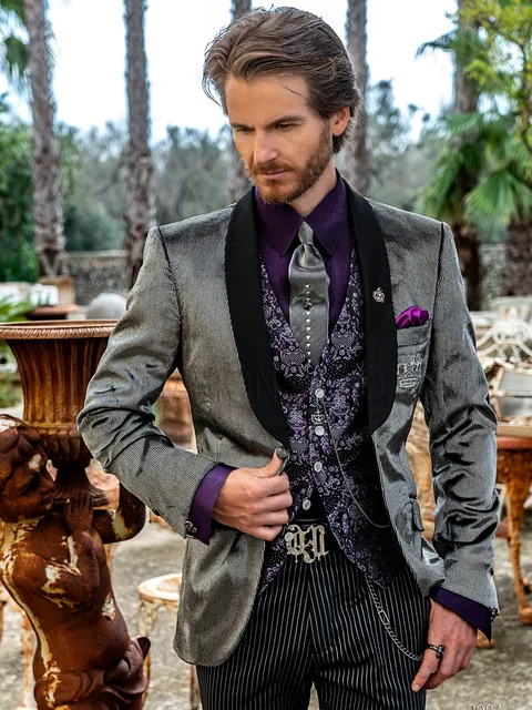 Men's fashion tuxedo in silver grey velvet with black satin shawl collar
