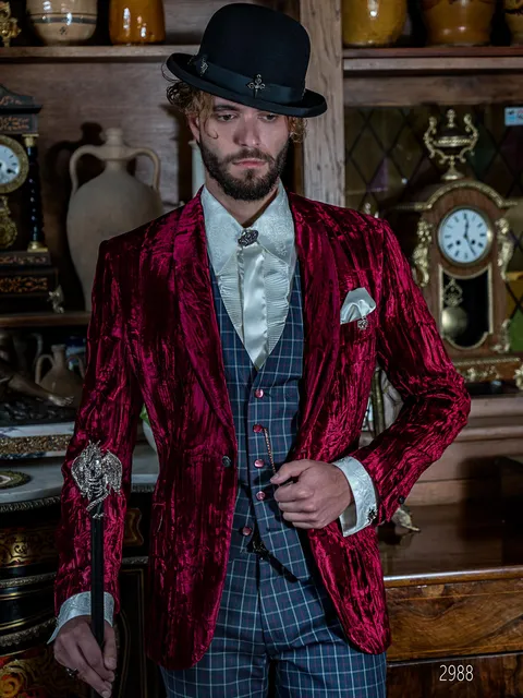 Aristocratic-style blazer in black velvet with checked trousers and waistcoat