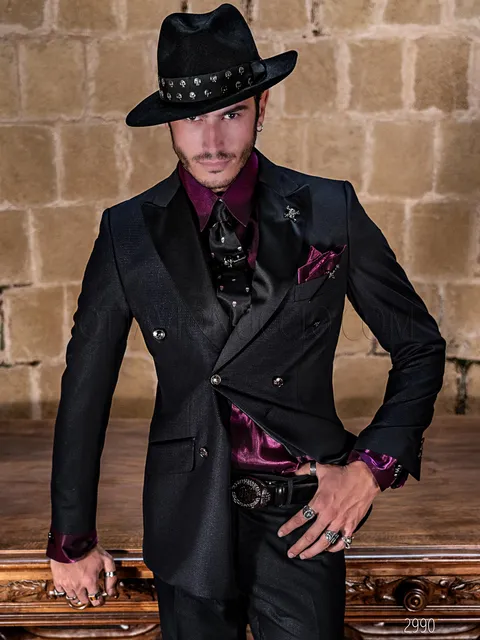 Men's gothic double-breasted black formal suit with satin lapel