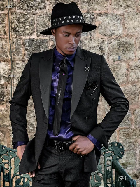 Gothic double-breasted formal suit in black jacquard with satin lapel