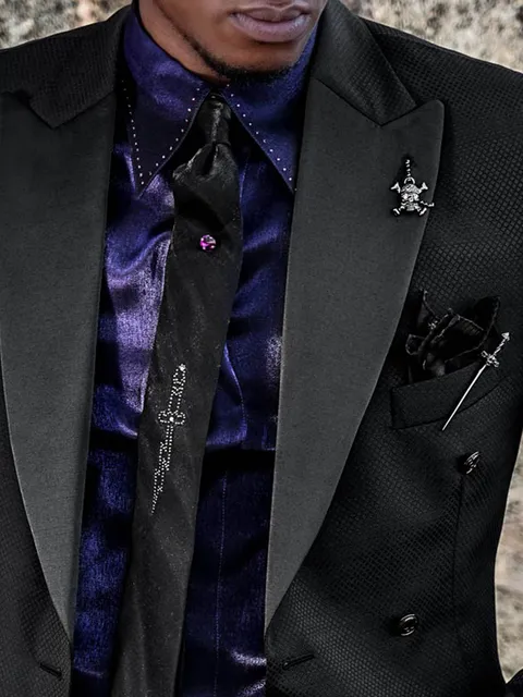Black Lurex Tie and Handkerchief Set with Appliqué