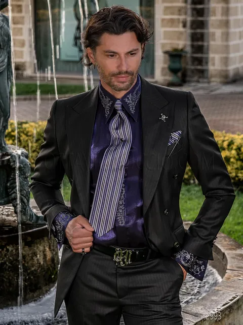 Men's double-breasted formal suit in black pinstripe
