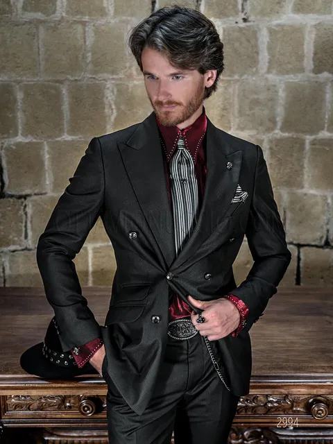 Men's vintage gothic-style double-breasted formal suit in black chalk stripe