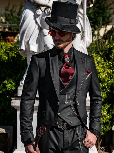 Steampunk-style black pinstripe formal suit with crystal rhinestones on the lapel