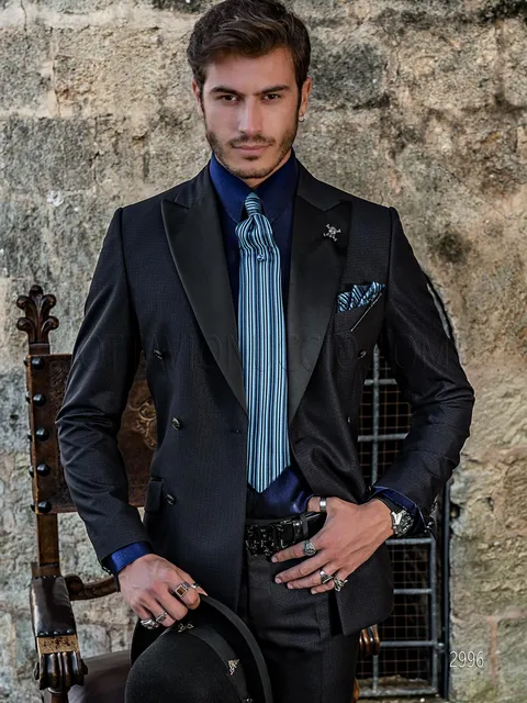 Men's elegant double-breasted suit in blue and black fabric with satin lapel