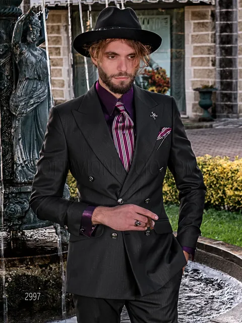 Double-breasted formal suit in black pinstripe with silver metallic thread