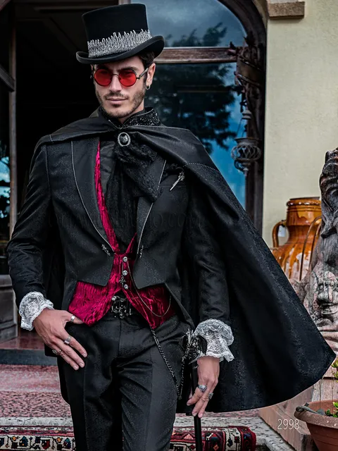 Distinctive men's steampunk-style tailcoat in silk blend with crystal rhinestones