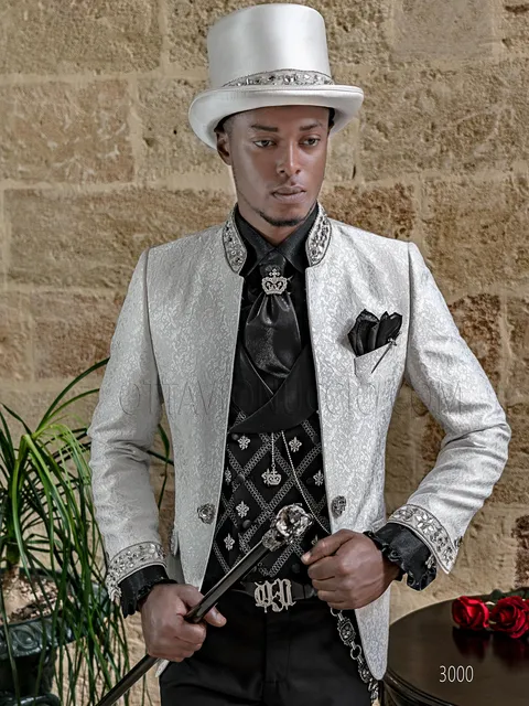 Mandarin collar jacket, elegant gothic style white damask with black trousers