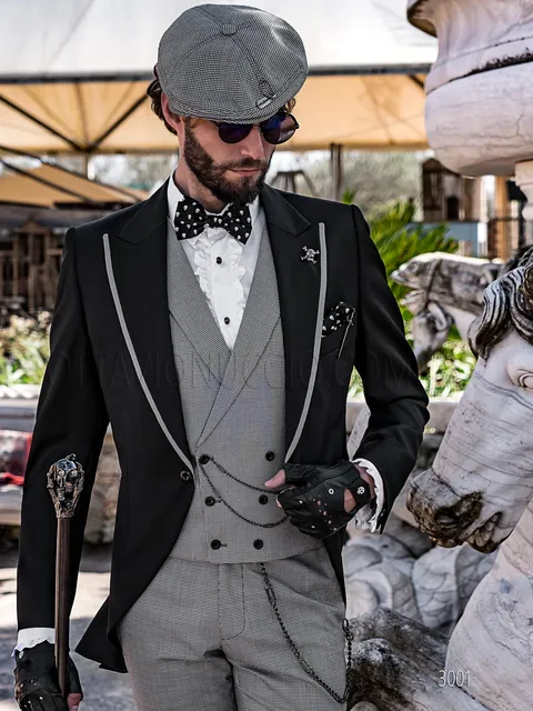 Jacket in black steampunk style with houndstooth trousers and waistcoat