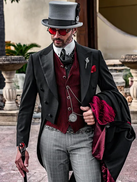 Classic tailcoat in black steampunk style with Prince of Wales check trousers