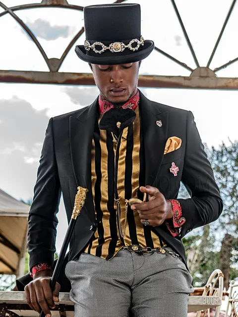 Men's suit in black wool blend steampunk style, houndstooth trousers