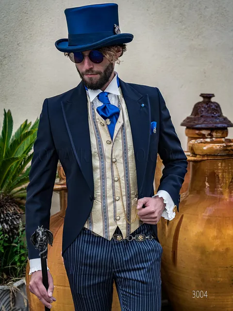 Demi morning suit in blue wool blend steampunk style with striped trousers