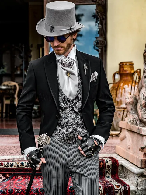 Demi morning suit in black wool blend gothic steampunk style with striped trousers