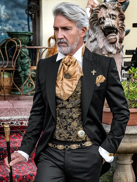 Morning suit in black pure wool satin and black and gold silk waistcoat in steampunk style