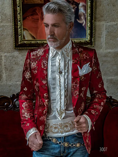 Men's formal tuxedo jacket in red jacquard with floral designs