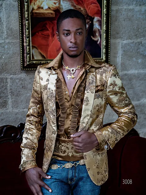 Men's formal tuxedo jacket in gold jacquard with floral designs