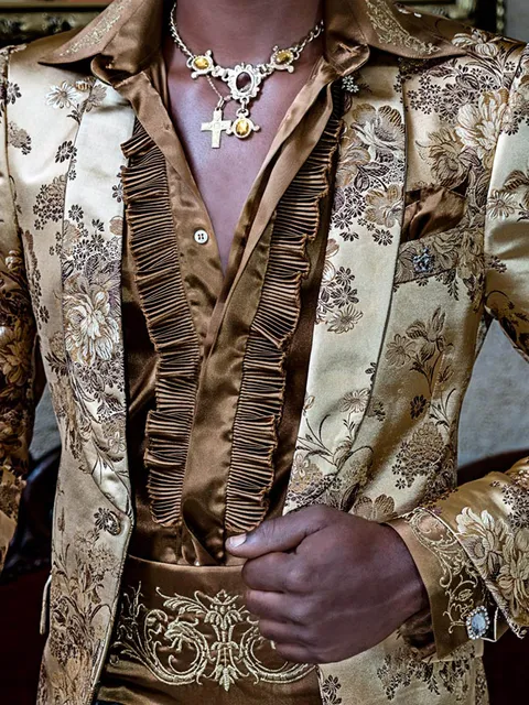 Shirt in dark gold satin, plissé and dragon embroidery