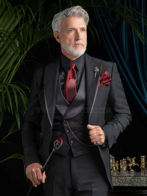 Men's gothic suit in black pinstripe wool silk