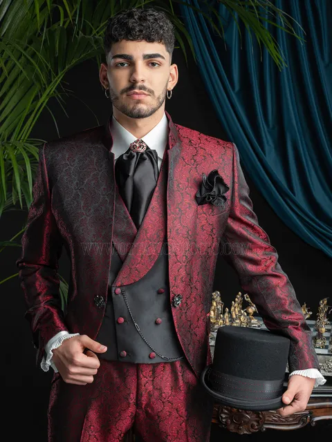 Red damask groom suit with mandarin collar