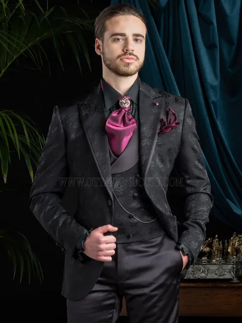Men's black formal suit | Damask wool silk jacket