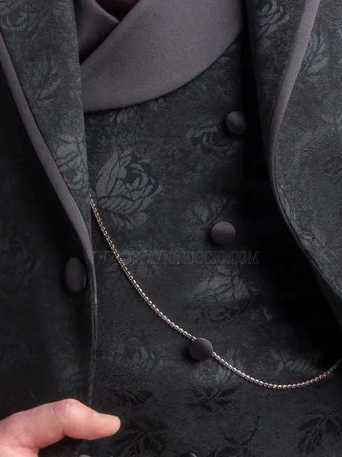 Double-breasted waistcoat in black floral fabric, satin shawl lapel