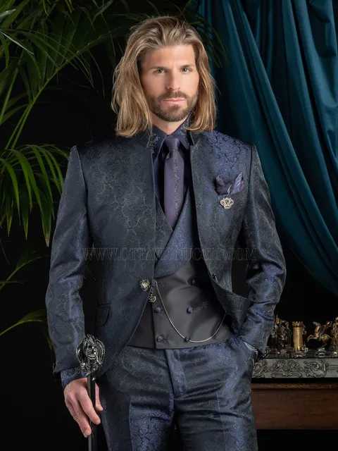 Blue damask groom suit with mandarin collar