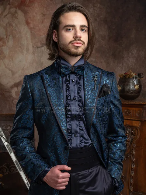 Gothic fashion suit with blue lamé damask jacket and black edging