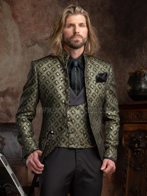 Men's gothic frock coat suit with gold and black damask jacket