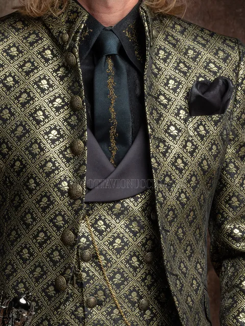 Double-breasted waistcoat in black brocade with light gold diamonds, shawl lapel in black satin fabric