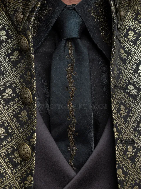 Black lurex shirt and tie set with gold embroidery