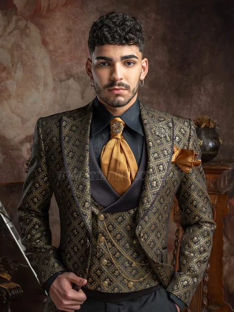 Jacket in gothic style gold and black damask, black trousers