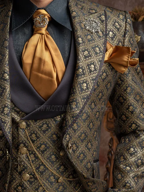 Double-breasted waistcoat in black brocade with gold diamonds, shawl lapel in black satin fabric