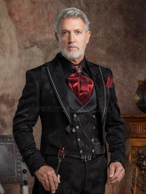 Men's luxury gothic tailcoat in black jacquard with rhinestones on the lapels