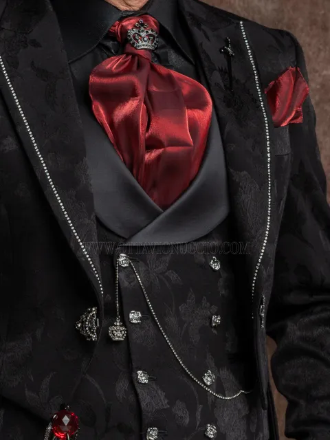 Double-breasted waistcoat in black damask with tonal pattern, shawl lapel in black satin fabric