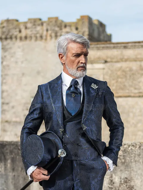 Blue damask frock coat groom suit with rhinestones on the lapel edging