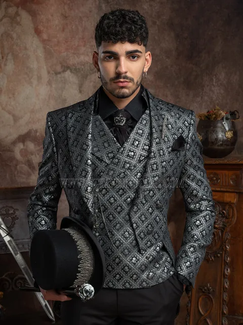 Men's luxury gothic style tailcoat in black and silver damask