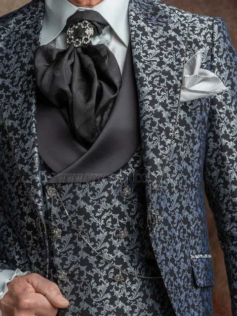 Double-breasted waistcoat in damask fabric, with shawl lapel in black satin-effect fabric
