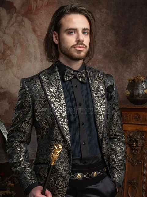 Gothic fashion suit with black and gold lamé damask jacket and black edging