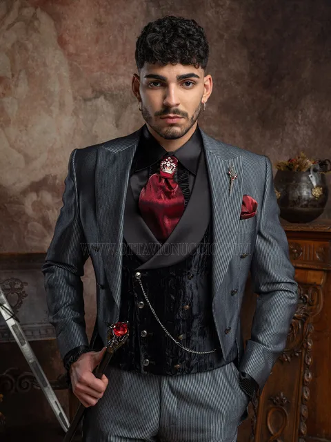 Men's gothic style tailcoat in grey pinstripe with black velvet waistcoat