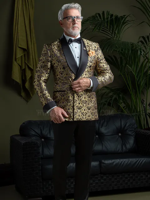Luxury double-breasted shawl lapel tuxedo in black and gold pure silk, satin lapels