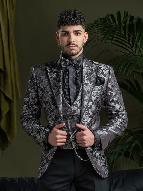 Men's blazer jacket in black and silver pure silk jacquard