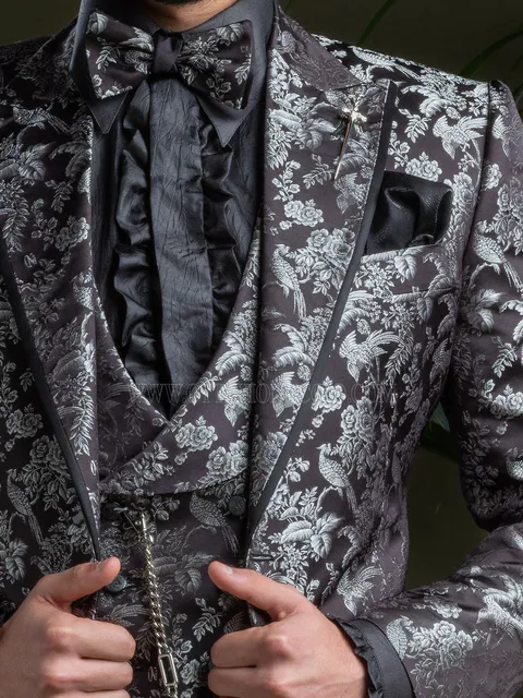 Shawl lapel waistcoat in black and silver silk jacquard