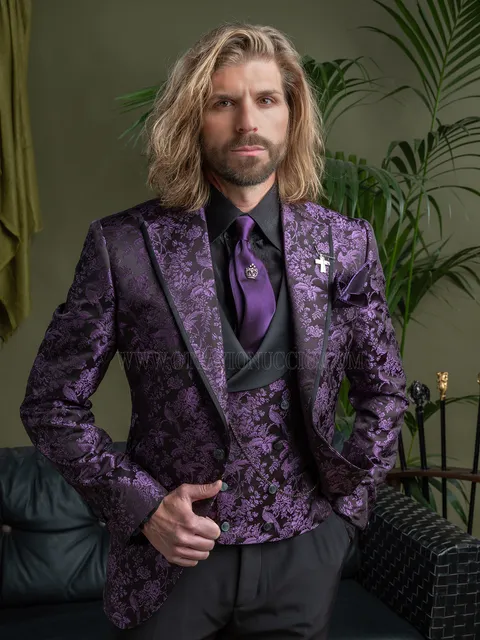 Men's blazer jacket in black and purple pure silk jacquard