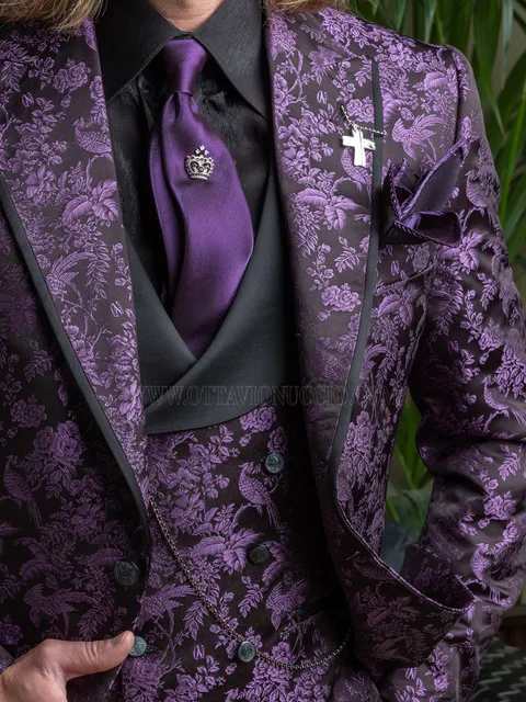 Double-breasted black silk waistcoat with purple design, black contrasting shawl lapel