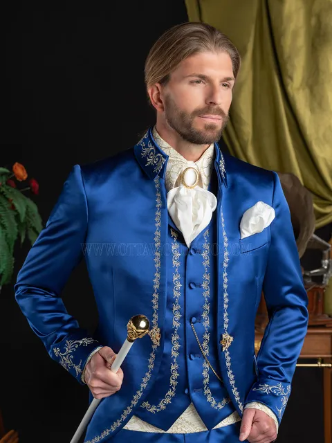 Men's gold embroidered suit in royal blue baroque style