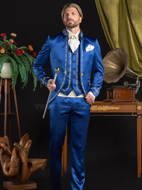 Blue satin waistcoat with gold embroidery