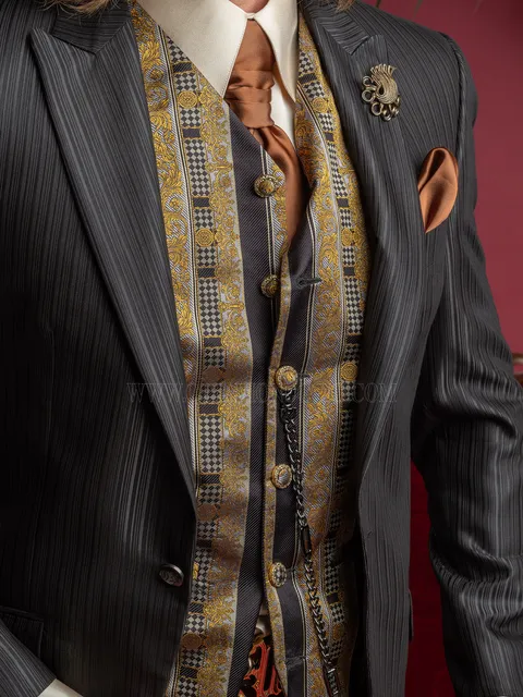 Gold striped patterned jacquard silk waistcoat
